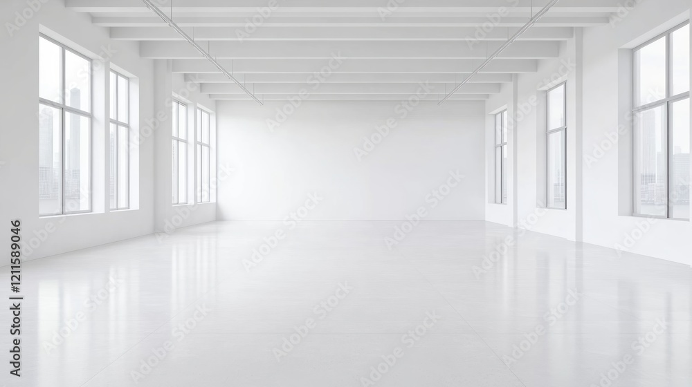 Fototapeta premium Bright and Spacious White Room with Large Windows and Sleek Floors