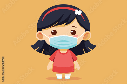 A young Asian girl wears a medical mask indoors, highlighting health safety measures in daily life, Little Asian girl wearing medical mask for protect