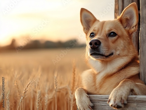 A dog laying on a wooden fence in a field of wheat photo