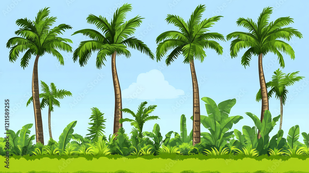 Fototapeta premium Tropical palm trees with lush greenery background