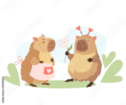 Cartoon pretty capybaras couple in love. Happy exotic animals, funny biggest rodents celebrate Valentines love day with love emotions. Flat vector design elements for card, packaging, fabrics, flyers