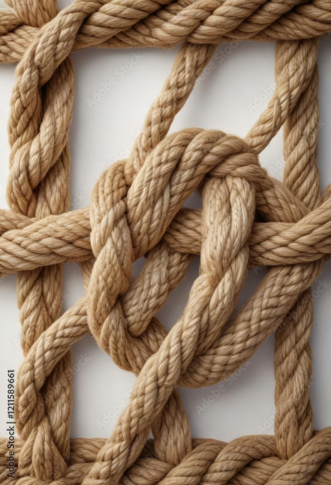 Detailed shot of hemp rope square knot on white canvas , hemp rope, closeup, handmade Detailed shot of hemp rope square knot on white canvas , hemp rope, closeup, handmade