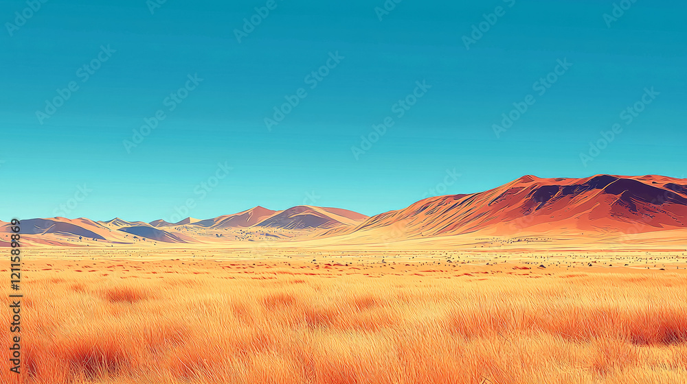 Fototapeta premium Golden Desert Landscape: Majestic Mountains under a Clear Blue Sky