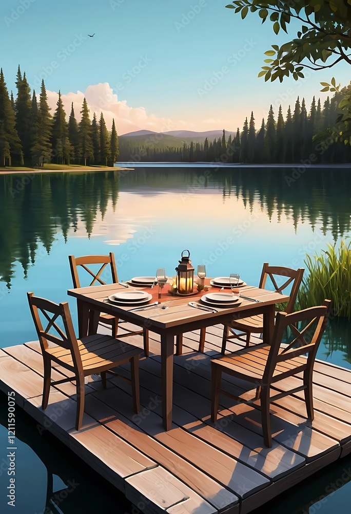 Fototapeta premium Lakeside Dinner Table Setting Serene Sunset View