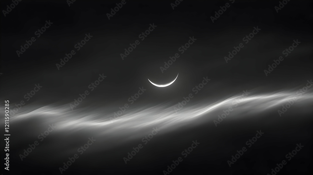 Crescent Moon over Serene Cloudscape: A Black and White Celestial Masterpiece Crescent Moon over Serene Cloudscape: A Black and White Celestial Masterpiece