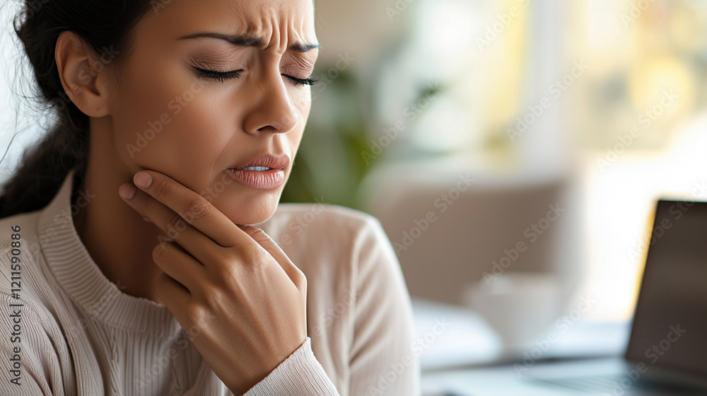 Sick Businesswoman Struggling at Desk in Modern Office