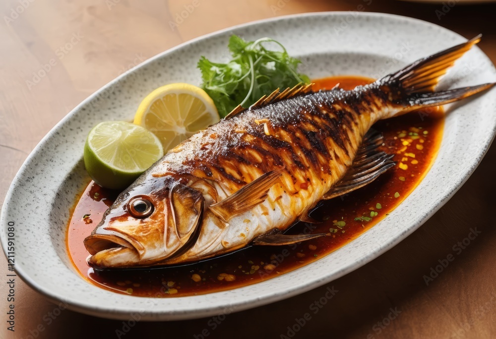Grilled Fish with Lemon and Lime on Elegant Plate, Asian Cuisine Grilled Fish with Lemon and Lime on Elegant Plate, Asian Cuisine