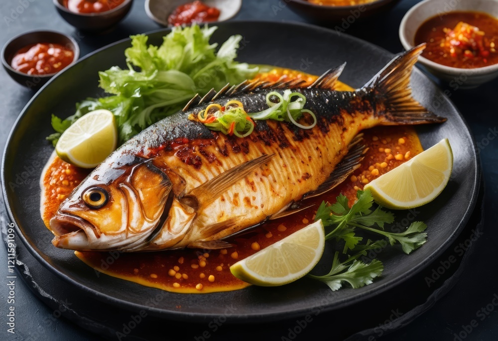 Grilled Fish with Spicy Sauce, Lime Wedges, and Fresh Herbs on Dark Plate Grilled Fish with Spicy Sauce, Lime Wedges, and Fresh Herbs on Dark Plate