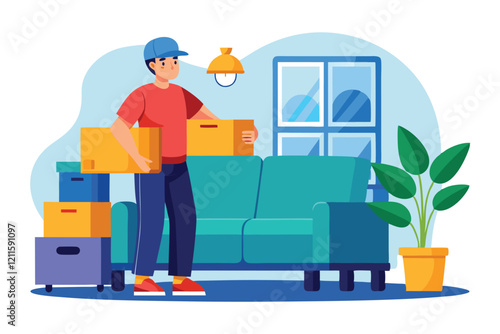 A man moves cardboard boxes in a living room while preparing for a relocation, Loader service concept, Man with cardboartd boxes near blue sofa,