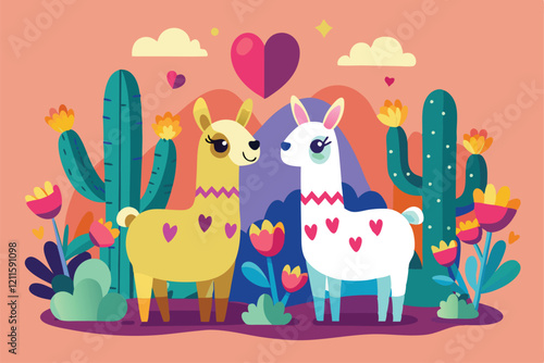 Two llamas express affection amid a colorful garden with cacti and blooming flowers at sunset, Llamas in love Customizable Semi Flat Illustration