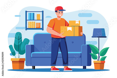 A man in a casual outfit is happily transporting cardboard boxes in a cozy living room with plants, Loader service concept, Man with cardboartd boxes near blue sofa,