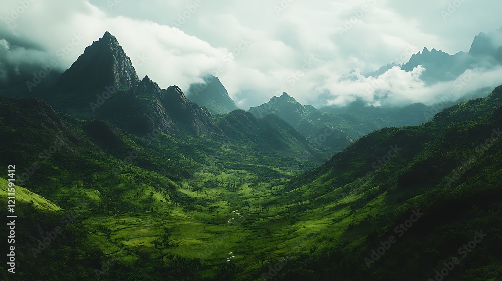 Fototapeta premium Majestic Mountain Valley: A Breathtaking Panorama of Lush Green Landscape