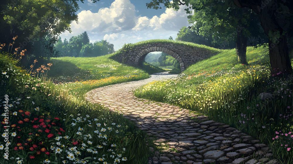Obraz premium Picturesque Stone Bridge and Flower Path in a Sunny Meadow
