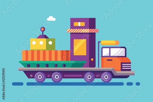 A vibrant truck hauls a playful cargo ship, showcasing colors against a blue sky with clouds, Loading Customizable Semi Flat Illustration