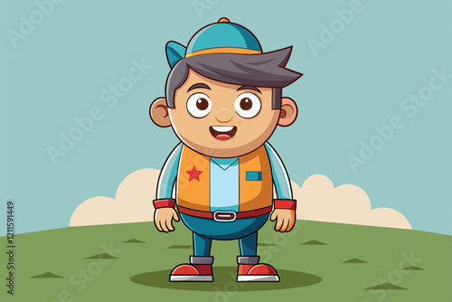 A happy young boy with a colorful outfit stands confidently on a grassy hill under a bright blue sky, Load more Customizable Cartoon Illustration