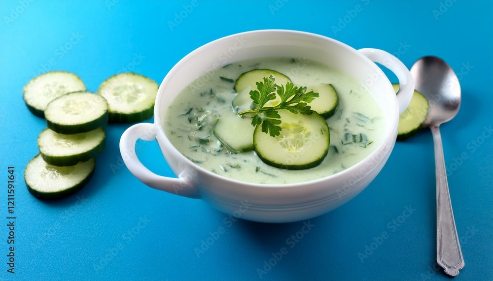 Fresh healthy cucumber soup in bowl on blue background Fresh healthy cucumber soup in bowl on blue background