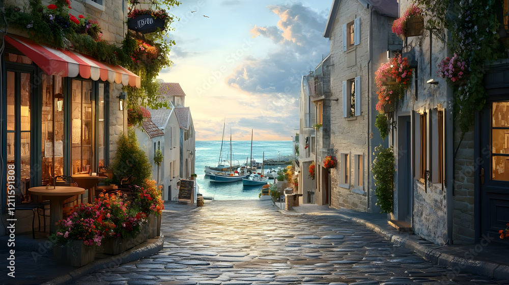 Fototapeta premium Coastal Charm: A Picturesque European Village by the Sea