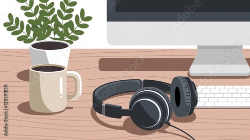 An aesthetically pleasing workspace featuring a computer, headphones, coffee cup, and plant, perfect for creating a productive and comfortable environment. photo