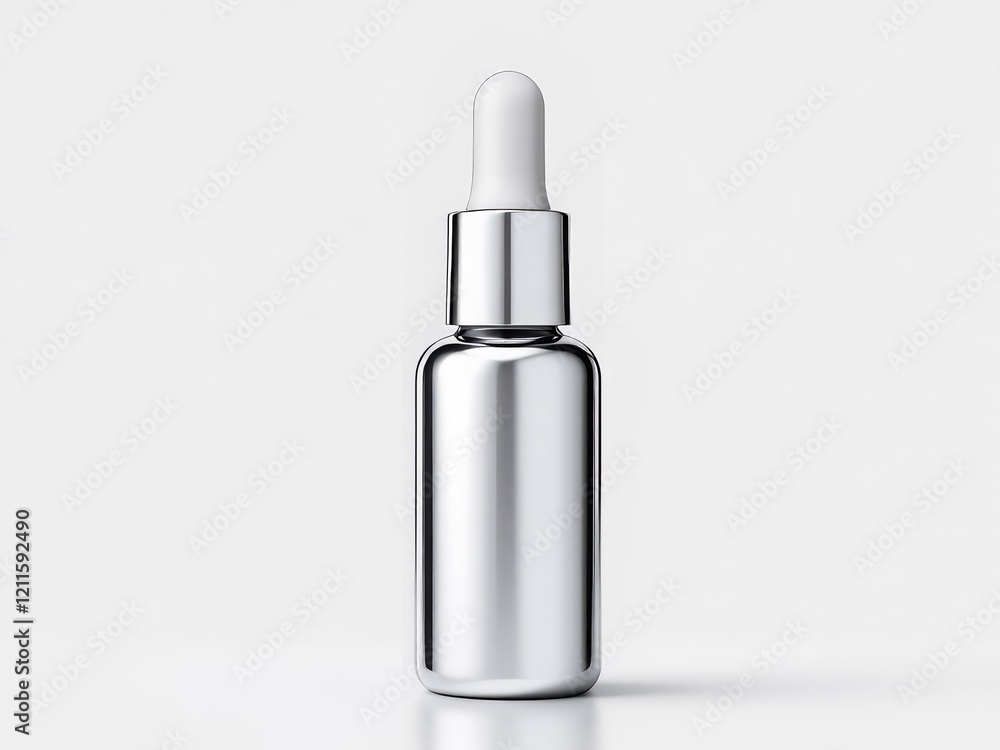 Minimalist metallic dropper bottle for skincare or cosmetic products on a white background
Minimalist metallic dropper bottle for skincare or cosmetic products on a white background