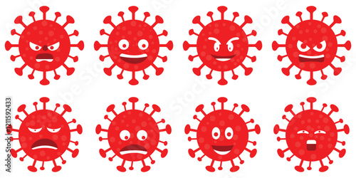 HMPV virus cartoon angry and smily emoji banner. Different Expression HMPV cartoon. Human metapneumovirus vector illustration. HMPV virus respiratory icon.