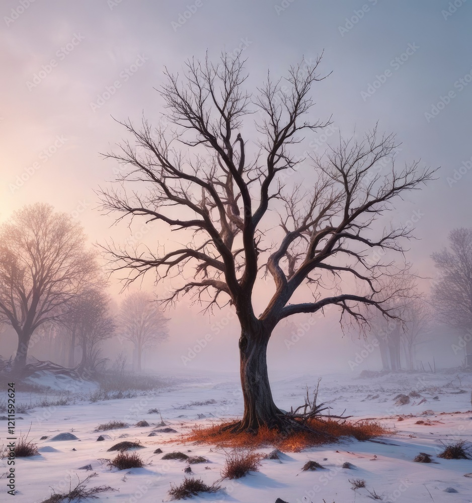 Foggy winter landscape with burnt tree branches, burnt trees, woodland Foggy winter landscape with burnt tree branches, burnt trees, woodland