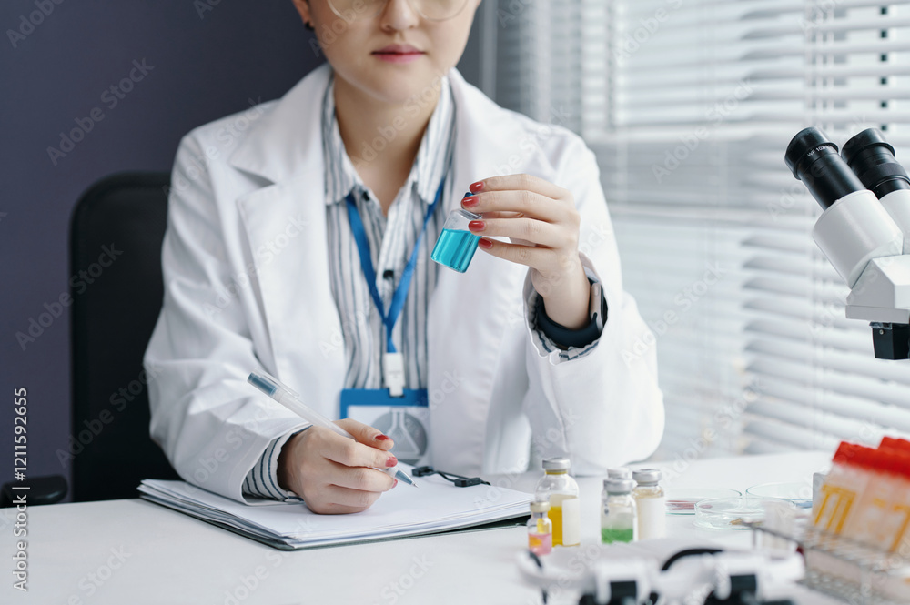 Scientist in lab coat holding vial while sitting at desk with microscope, clipboard, and other lab equipment around. Conducting research in clinical laboratory setting Scientist in lab coat holding vial while sitting at desk with microscope, clipboard, and other lab equipment around. Conducting research in clinical laboratory setting