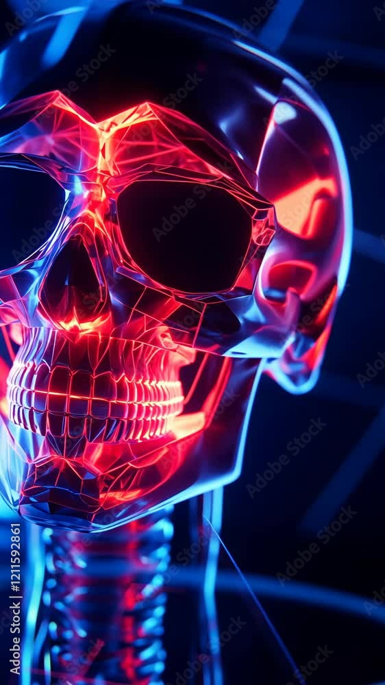 Colorful neon skull sculpture illuminated in a dark setting with geometric patterns and glowing elements Colorful neon skull sculpture illuminated in a dark setting with geometric patterns and glowing elements