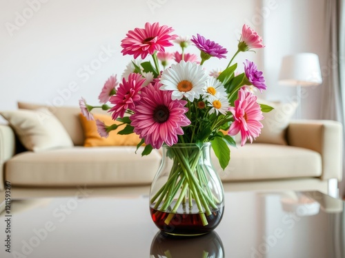Wallpaper Mural Fresh flowers in a glass vase on a modern coffee table, home decor, gerbera daisies, sunflowers Torontodigital.ca