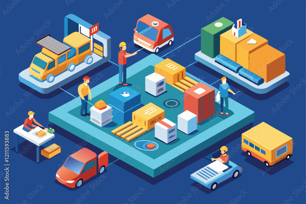 Obraz premium This illustration shows logistics activities in a distribution center with vehicles and workers at work, Logistics Customizable Isometric Illustration
