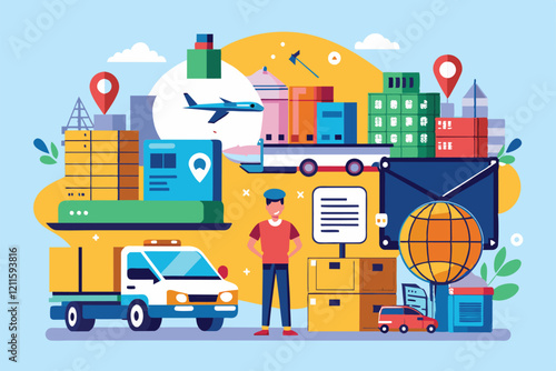 A vibrant illustration of logistics, featuring transport vehicles, packages, and location markers, Logistics Customizable Disproportionate Illustration