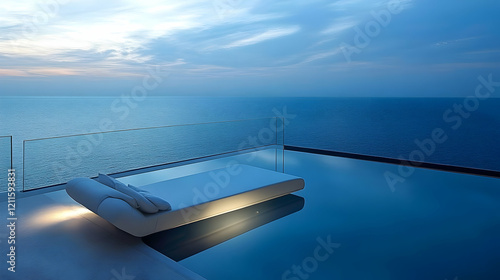 Luxury poolside relaxation: Ocean view infinity pool and minimalist daybed photo