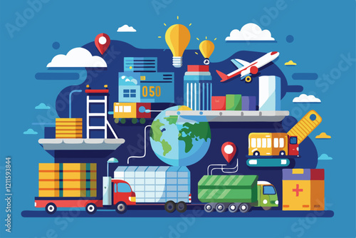 This artwork displays diverse transportation modes and cargo elements in a vibrant logistics setting, Logistics Customizable Flat Illustration