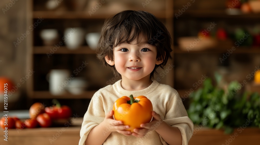 Fototapeta premium Joyful moment of a young boy holding a yellow bell pepper in a cozy kitchen setting