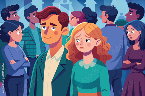 A sad man and woman look forlorn while surrounded by a crowd at a social event during twilight, Lonely people set, Sad or upset man and woman feel lonely in crowd,
