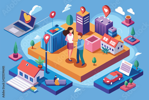 A colorful isometric representation depicts a couple in a long distance relationship surrounded by city elements, Long distance relationship Customizable Isometric Illustration