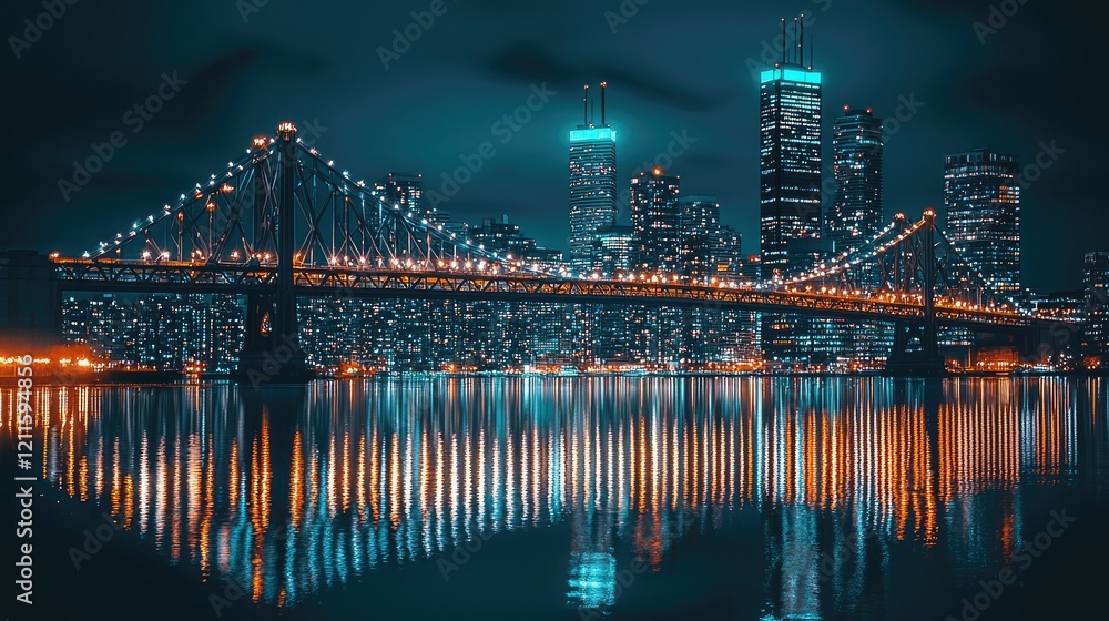 Fototapeta premium Night Cityscape Bridge Illuminated City Lights Reflection