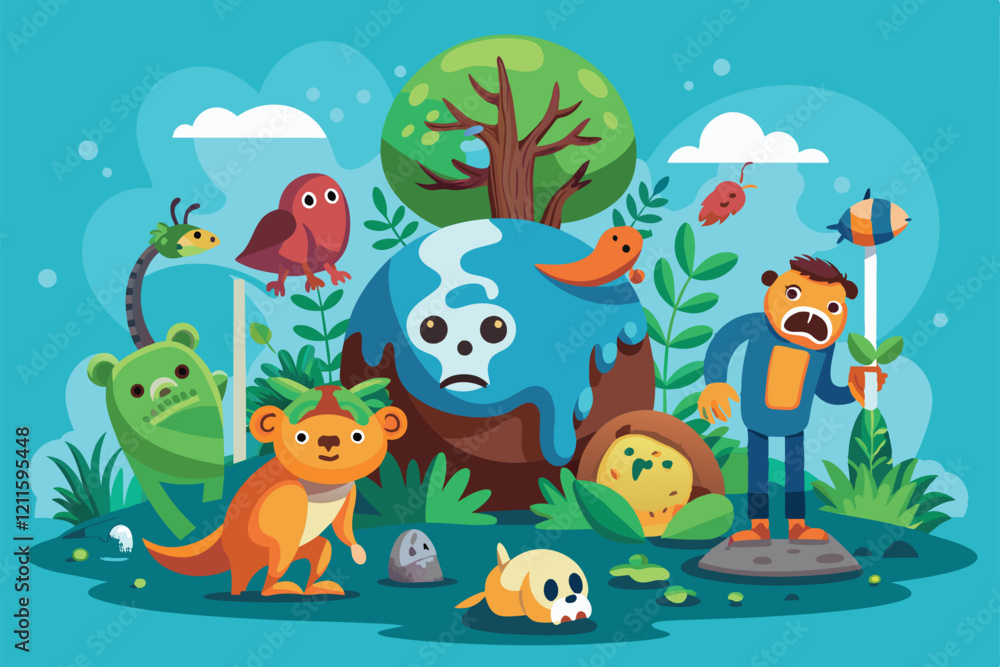 A vibrant cartoon showcases diverse animals reacting to environmental degradation and biodiversity loss, Loss of biodiversity Customizable Cartoon Illustration A vibrant cartoon showcases diverse animals reacting to environmental degradation and biodiversity loss, Loss of biodiversity Customizable Cartoon Illustration