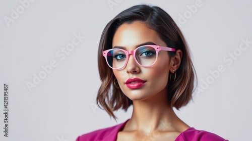 Wallpaper Mural Portrait, young woman, colorful glasses, pink top, short wavy brown hair, vibrant makeup, confident expression Torontodigital.ca