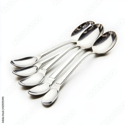 Set of four elegant, stainless steel spoons with long handles, angled for easy scooping, isolated on white background. photo