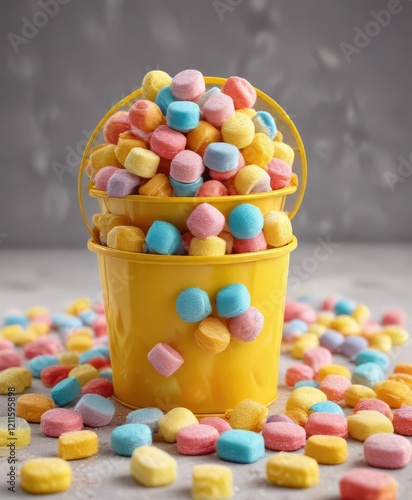 Colorful sweet confectionery pastila in a yellow bucket , food in bucket, sugary goodies, yellow sweets photo