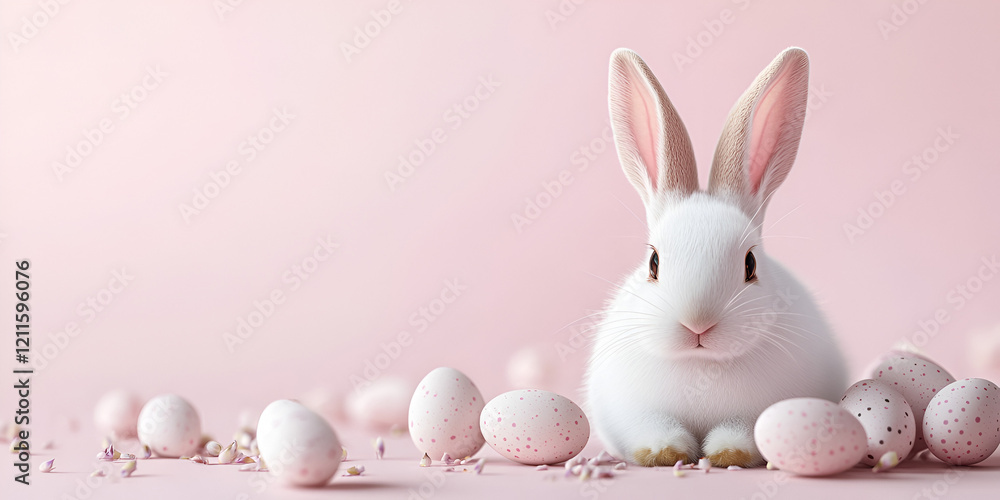 Fototapeta premium White Bunny with Easter Eggs and Pink Flowers