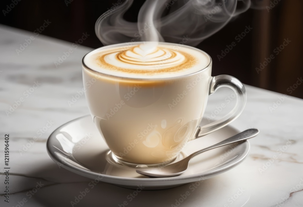 Steaming Hot Latte Coffee Drink with Delicate Latte Art in Glass Cup on Marble Table Steaming Hot Latte Coffee Drink with Delicate Latte Art in Glass Cup on Marble Table