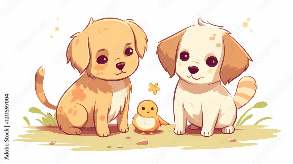 Adorable Puppies and Bird Playing Together in Soft Colors Adorable Puppies and Bird Playing Together in Soft Colors