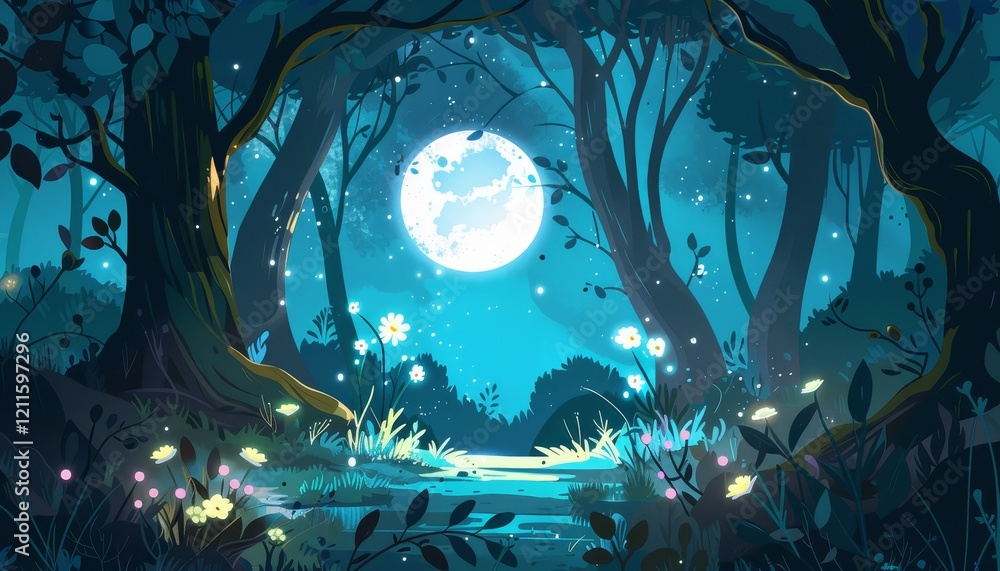 Naklejka premium A magical forest scene with a full moon shining bright over a path lined with flowers.