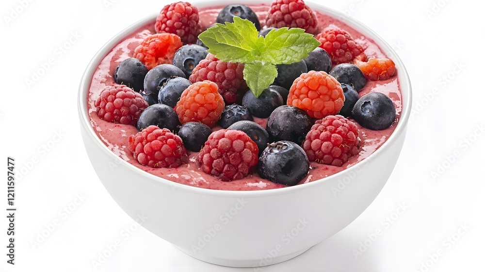 Fresh Berry Smoothie Bowl with Mint Garnish on White Background, Generative AI. Fresh Berry Smoothie Bowl with Mint Garnish on White Background, Generative AI.