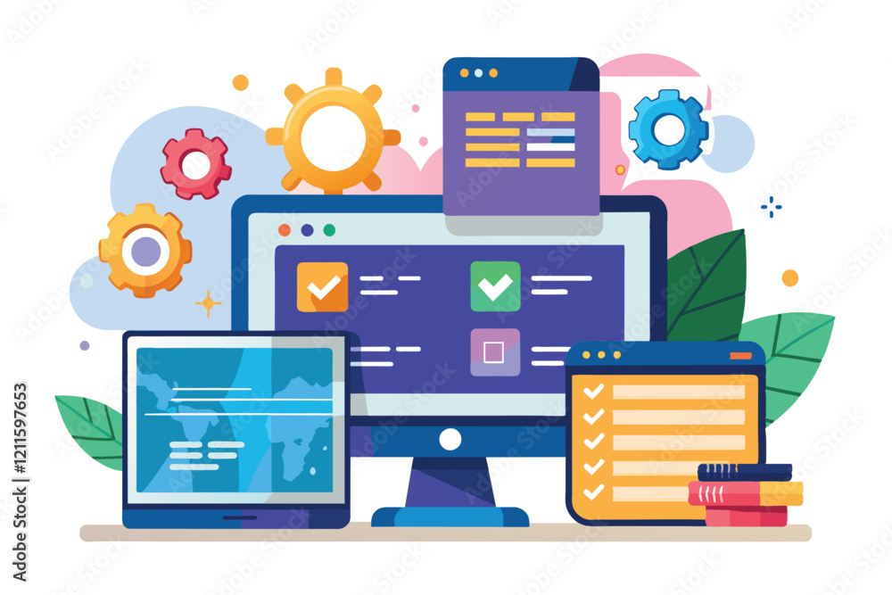 A workspace features various low code development tools displayed on laptops and a desktop, promoting efficiency, Low code development Customizable Semi Flat Illustration A workspace features various low code development tools displayed on laptops and a desktop, promoting efficiency, Low code development Customizable Semi Flat Illustration