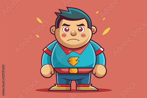 A cartoon character in a superhero outfit, expressing low self-esteem with a serious expression and unique features, Low self-esteem Customizable Cartoon Illustration