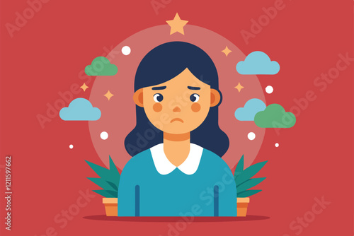 A young woman with a downcast expression stands in front of decorative plants and clouds, showcasing low self-esteem, Low self-esteem Customizable Flat Illustration