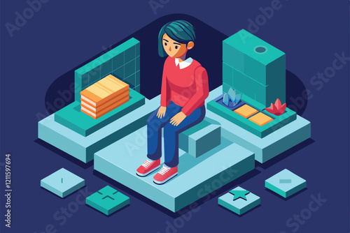 A young person sits thoughtfully in a stylized environment, reflecting feelings of low self-esteem and contemplation, Low self-esteem Customizable Isometric Illustration