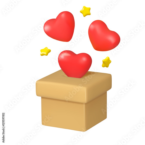 Charity vector 3d concept icon. Donation carboard box with hearts. Refugee or homeless support illustration isolated on white background